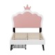 Twin Size Upholstered Princess Bed With Crown Headboard and 2 Drawers,Twin  Size Platform Bed with Headboard and Footboard, Pink+White