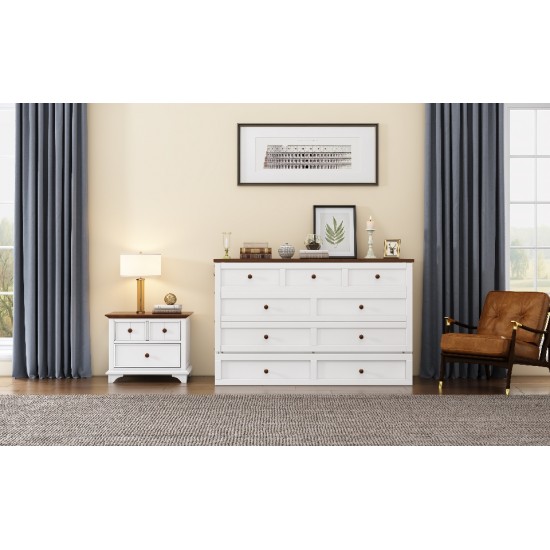 Solid Pine Murphy Bed Chest with Charging Station and Large Storage Drawer for Home Office or Small Room , Queen, White+Walnut