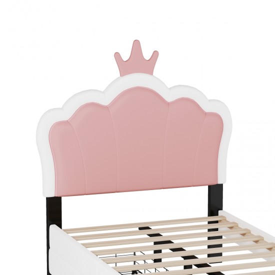 Twin Size Upholstered Princess Bed With Crown Headboard and 2 Drawers,Twin  Size Platform Bed with Headboard and Footboard, Pink+White