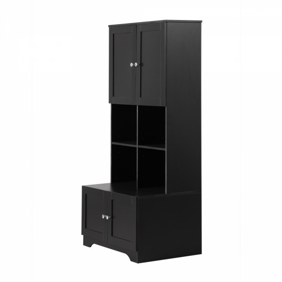 Tall and Wide Bathroom Floor Storage Cabinet, Bathroom Storage Unit, Freestanding Cabinet with 4 Doors, Adjustable Shelves, Open multi-layer Shelves, Black