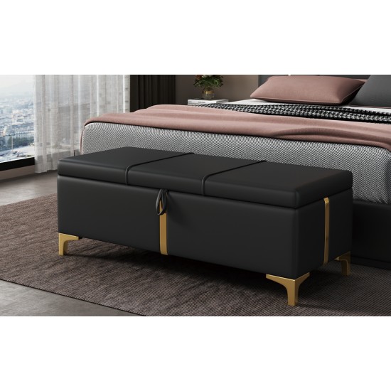 Elegant Upholstered Storage Ottoman,Storage Bench with Metal Legs for Bedroom,Living Room,Fully Assembled Except Legs,Black