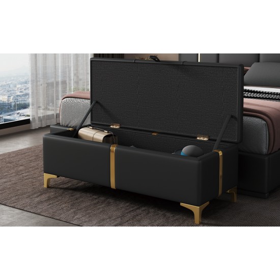 Elegant Upholstered Storage Ottoman,Storage Bench with Metal Legs for Bedroom,Living Room,Fully Assembled Except Legs,Black