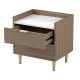 Wooden Nightstand with 2 Drawers and Marbling Worktop, Mordern Wood Bedside Table with Metal Legs&Handles, Walnut