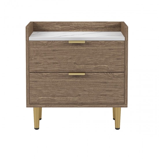 Wooden Nightstand with 2 Drawers and Marbling Worktop, Mordern Wood Bedside Table with Metal Legs&Handles, Walnut