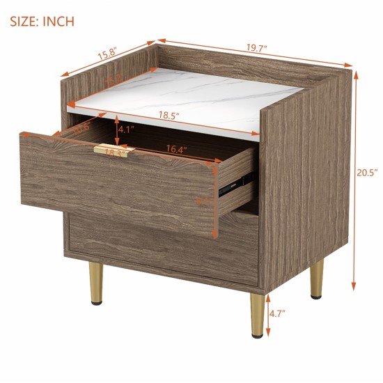 Wooden Nightstand with 2 Drawers and Marbling Worktop, Mordern Wood Bedside Table with Metal Legs&Handles, Walnut