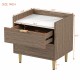 Wooden Nightstand with 2 Drawers and Marbling Worktop, Mordern Wood Bedside Table with Metal Legs&Handles, Walnut