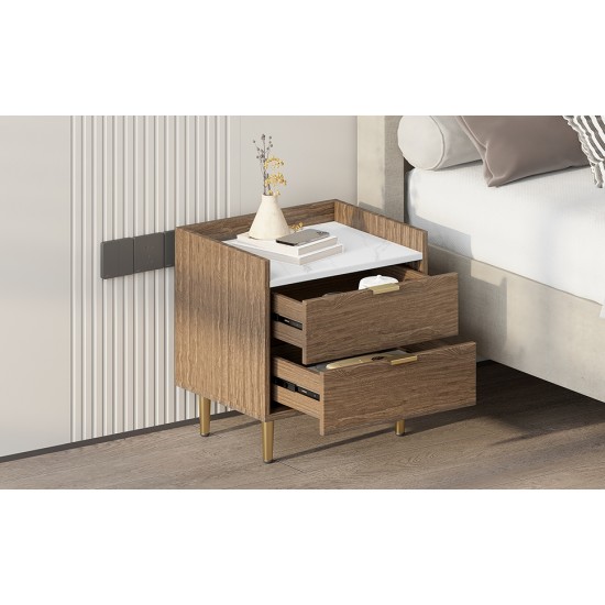 Wooden Nightstand with 2 Drawers and Marbling Worktop, Mordern Wood Bedside Table with Metal Legs&Handles, Walnut