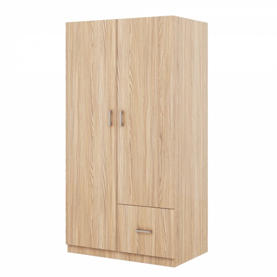 Wooden Wardrobe with Double Doors, Armoire with Hanging Rod, 5 Fixed Shelves, One Storage Drawer,Natural