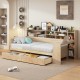 Wooden Twin Size Daybed with Storage Shelves, Multi-functional Bed with Two Storage Drawers and  Study Desk, Natural