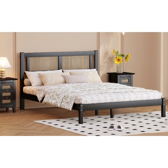 Queen Size Wooden Platform Bed with Natural Rattan Headboard, Exquisite Elegance with Minimalist Charm for Bedroom, Black