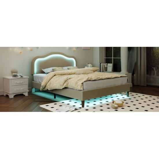 Full Size Velvet Upholstered Smart LED Bed Frame with Adjustable Height Headboard,No Box Spring Needed,Easy Assembly,Beige