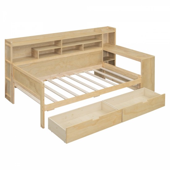 Wooden Twin Size Daybed with Storage Shelves, Multi-functional Bed with Two Storage Drawers and  Study Desk, Natural