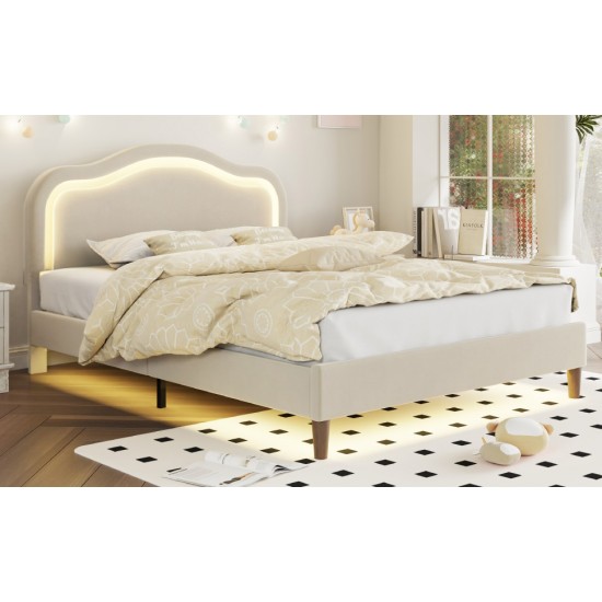 Full Size Velvet Upholstered Smart LED Bed Frame with Adjustable Height Headboard,No Box Spring Needed,Easy Assembly,Beige