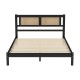 Queen Size Wooden Platform Bed with Natural Rattan Headboard, Exquisite Elegance with Minimalist Charm for Bedroom, Black