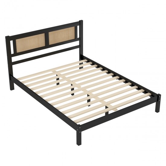 Queen Size Wooden Platform Bed with Natural Rattan Headboard, Exquisite Elegance with Minimalist Charm for Bedroom, Black