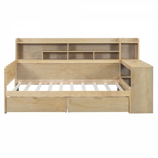 Wooden Twin Size Daybed with Storage Shelves, Multi-functional Bed with Two Storage Drawers and  Study Desk, Natural