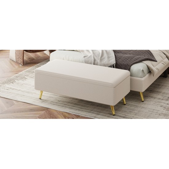 Modern Corduroy Upholstered Ottoman with Metal Legs, Storage Bench for Bedroom,Living Room,Beige