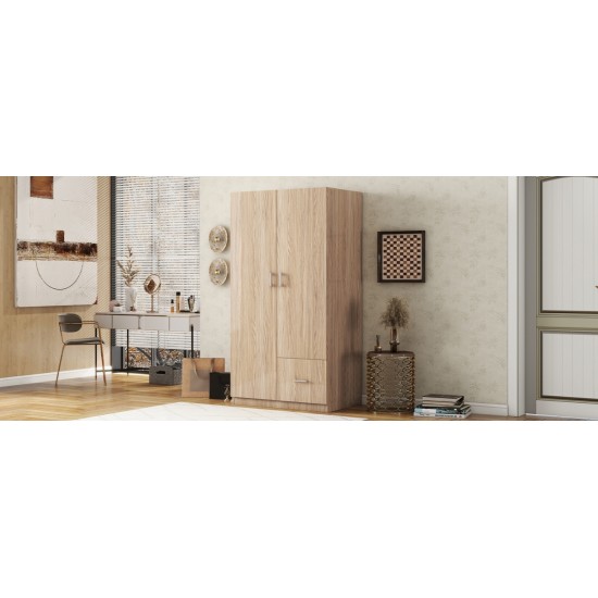 Wooden Wardrobe with Double Doors, Armoire with Hanging Rod, 5 Fixed Shelves, One Storage Drawer,Natural