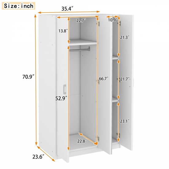 3 Door Wardrobe with Mirror, Armoire with Hanging Rod and 3 Fixed Shelves,White