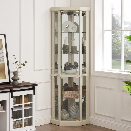 Corner Lighted Curio Cabinet Corner Glass Cabinet Lighted Curio Cabinet Corner Display Case for Living Room, Curio Cabinet, Antique collection, Wine,Bar Glass Storage Light Included,Antique White