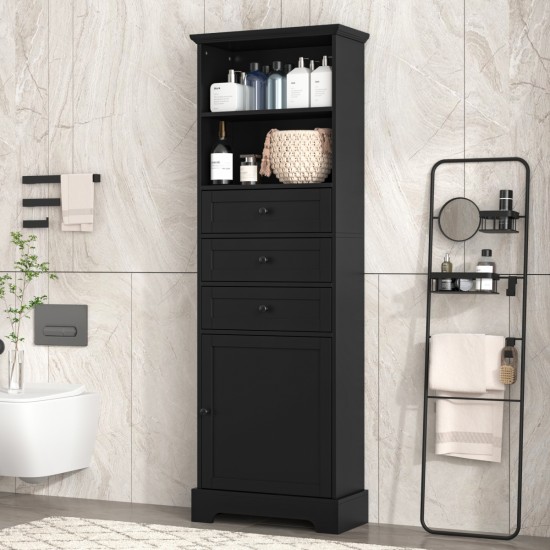 Black Tall Storage Cabinet with 3 Drawers and Adjustable Shelves for Bathroom, Study, Office and Interior, MDF Board with Painted Finish