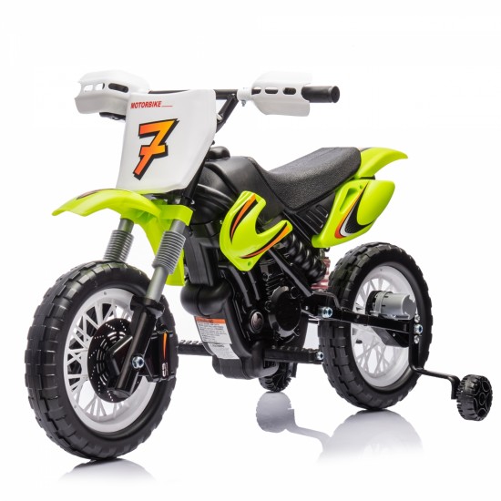 12V Kids Ride On Electric Toy Motorcycle,Rear suspension,Twist Grip Throttle,Slow Start,Removable training wheels,Indie music box with horn and engine,Simulation of dirt bike modeling for kids 3-8.