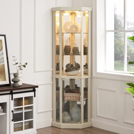 Corner Lighted Curio Cabinet Corner Glass Cabinet Lighted Curio Cabinet Corner Display Case for Living Room, Curio Cabinet, Antique collection, Wine,Bar Glass Storage Light Included,Antique White