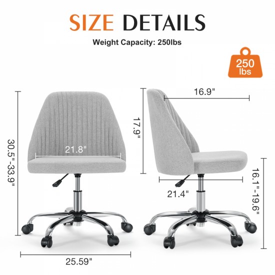 Sweetcrispy Armless Home Office  Desk Chair with Wheels Adjustable Swivel Task Computer Vanity Chair for Small Spaces Gray