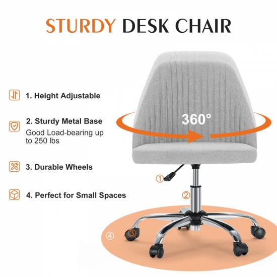 Sweetcrispy Armless Home Office  Desk Chair with Wheels Adjustable Swivel Task Computer Vanity Chair for Small Spaces Gray