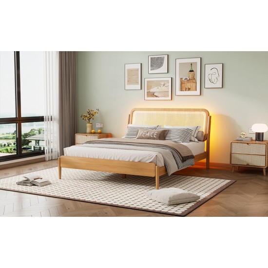 Queen Size Wood Storage Platform Bed with LED Light, Rattan Headboard, Nature