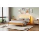 Queen Size Wood Storage Platform Bed with LED Light, Rattan Headboard, Nature