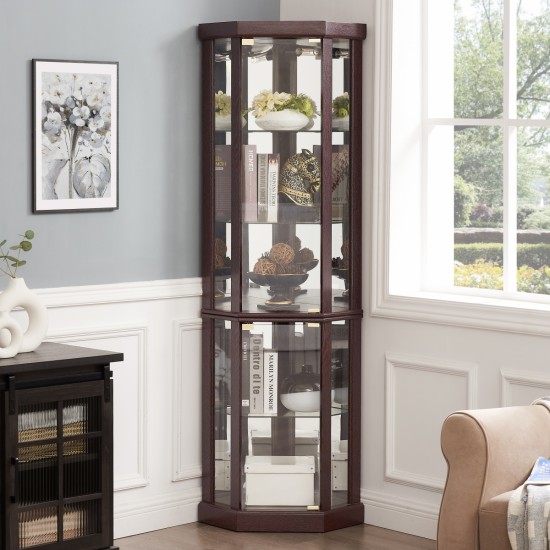 Corner Lighted Curio Cabinet Corner Glass Cabinet Lighted Curio Cabinet Corner Display Case for Living Room, Curio Cabinet, Antique collection, Wine,Bar Glass Storage Light Included,Dark Cherry