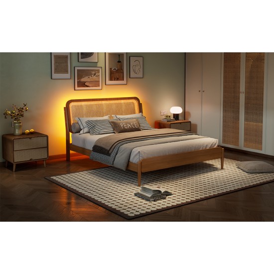 Queen Size Wood Storage Platform Bed with LED Light, Rattan Headboard, Nature