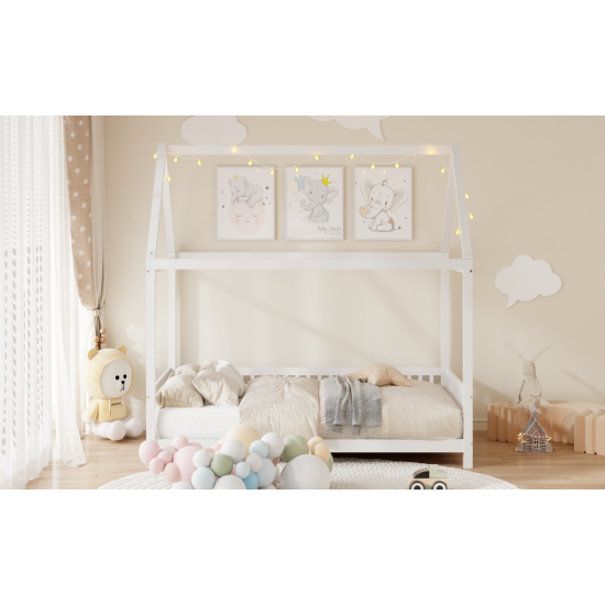 Wood Full Size House Bed with Guardrail and LED, White