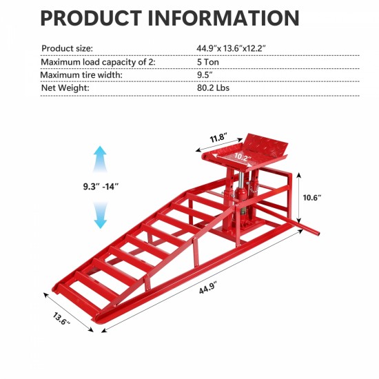 2PCS 5T Hydraulic Car Ramps, Heavy Duty Hydraulic Vehicle Ramps Lift Ramp, Portable Car Ramps for Oil Changes, Car Lifts for Home Garage, Vehicle Auto Garage Repair