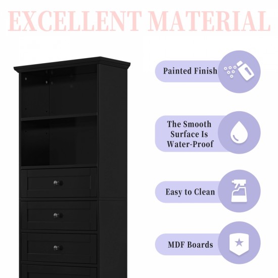 Black Tall Storage Cabinet with 3 Drawers and Adjustable Shelves for Bathroom, Study, Office and Interior, MDF Board with Painted Finish