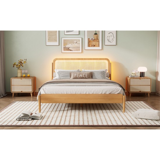 Queen Size Wood Storage Platform Bed with LED Light, Rattan Headboard, Nature