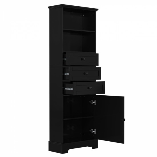 Black Tall Storage Cabinet with 3 Drawers and Adjustable Shelves for Bathroom, Study, Office and Interior, MDF Board with Painted Finish