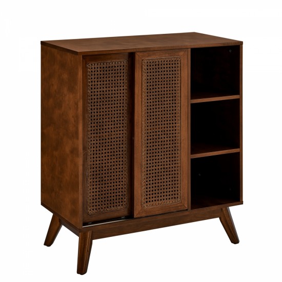 Mid Century Modern Rattan Sideboard Cabinet, Buffet Cabinet for Entryway Hallway Living Room Kitchen Dining Room Bedroom, Adjustable Shelf & Solid Wood Feet & Rattan Cabinet Doors - Dark Wood