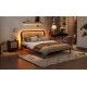 Queen Size Wood Storage Platform Bed with LED Light, Rattan Headboard, Espresso