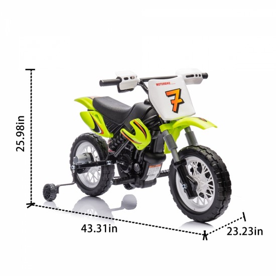 12V Kids Ride On Electric Toy Motorcycle,Rear suspension,Twist Grip Throttle,Slow Start,Removable training wheels,Indie music box with horn and engine,Simulation of dirt bike modeling for kids 3-8.