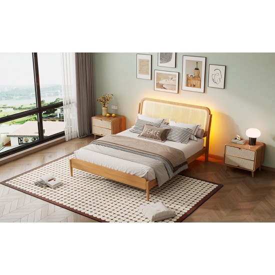 Queen Size Wood Storage Platform Bed with LED Light, Rattan Headboard, Nature