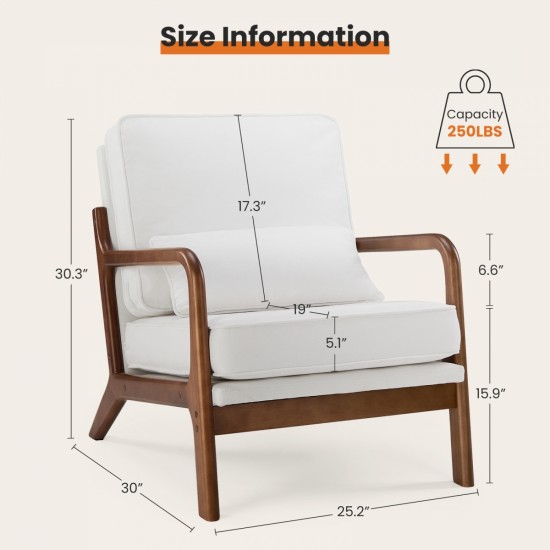 Chair with Lumbar Pillow, Lounge Arm Chairs, Linen Fabric Comfy Reading Chair with Wood Frame for Living Room