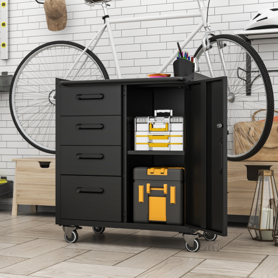 Sturdy Metal Tool Storage Cabinet with Wheels - Tool Storage Cabinet for Garage, Office, and Home Organizer Solutions, Black/Gray