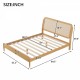 Queen Size Wood Storage Platform Bed with LED Light, Rattan Headboard, Nature