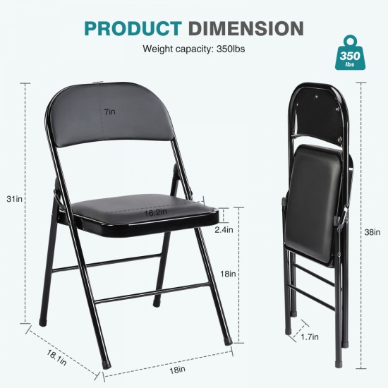 Folding Chair 2 Pack, Leather Padded Folding Chairs, Sturdy Metal Foldable Chairs, for Home, Office, Party, black 4 Pack