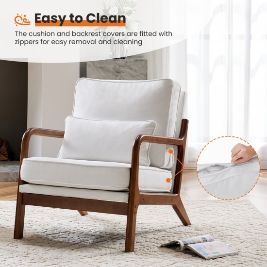 Chair with Lumbar Pillow, Lounge Arm Chairs, Linen Fabric Comfy Reading Chair with Wood Frame for Living Room