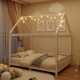 Wood Full Size House Bed with Guardrail and LED, White