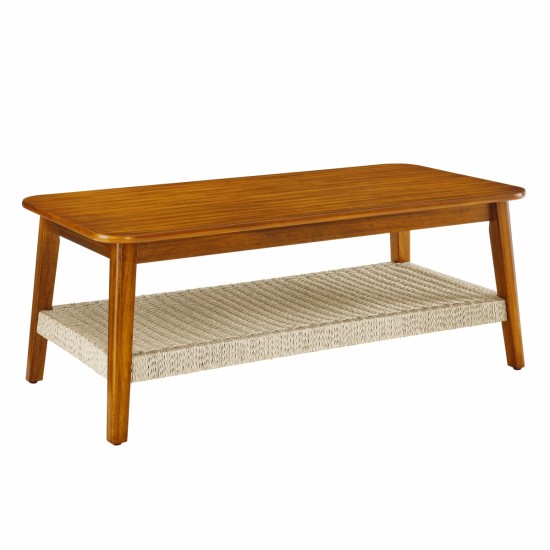 47.25 Inch Mid-Century Coffee Table with Woven Shelf, Boho Rattan Coffee Table with Storage, Farmhouse Wood Low Rectangle Tea Table for Living Room Couch Bedroom Patio Home Office