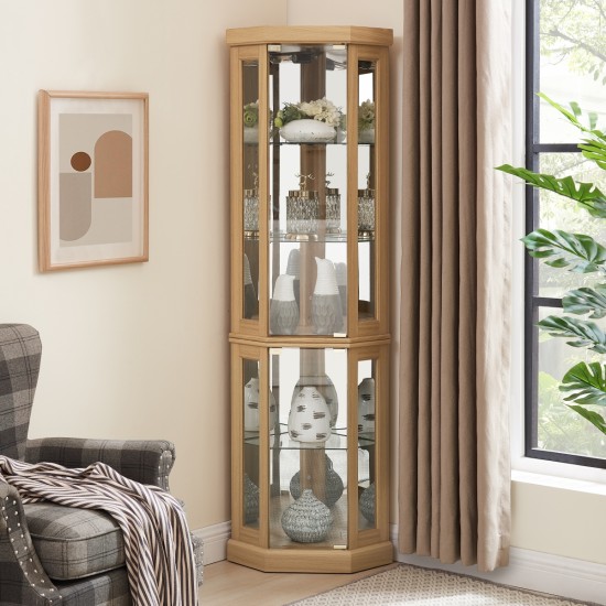 Corner Glass Cabinet Lighted Curio Cabinet Corner Display Case for Living Room, Curio Cabinet, Antique collection, Wine,Bar Glass Storage Light Included, Light oak